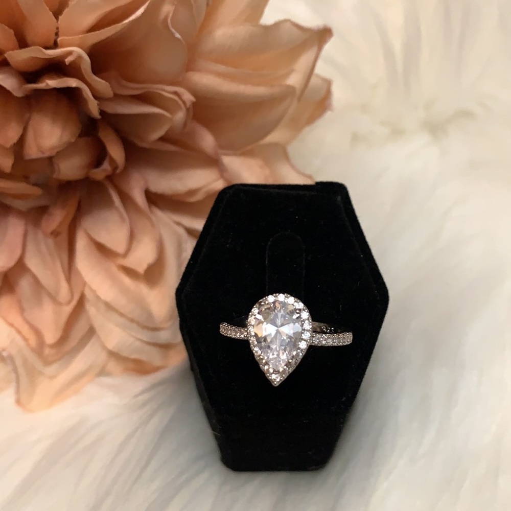 Pear Shaped Halo Ring With Micro Side Stones Sz 6 NEW!